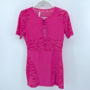 YG Collection sheer zebra print short sleeve rhinestone cutout club mini dress